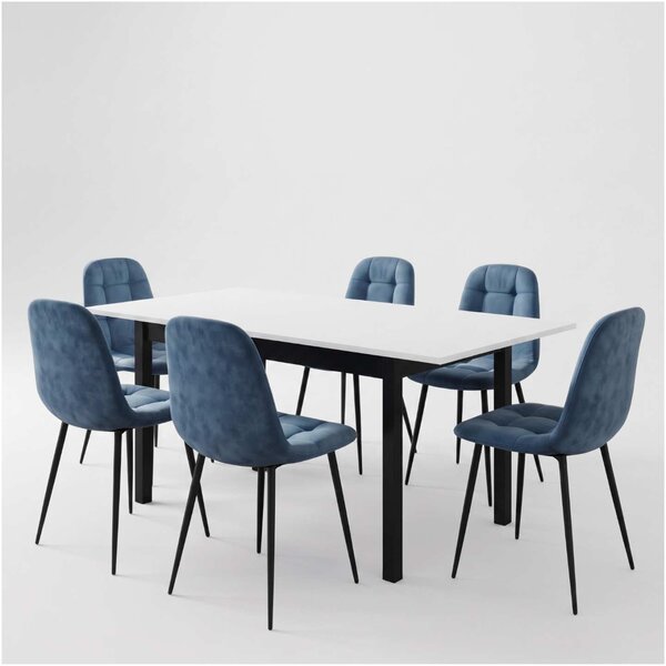 Set Masă Extensibilă Mara Albă 130–170 × 75 cm cu 6 Scaune Gya Turcoaz, Tapițate, Picioare Metalice Negre