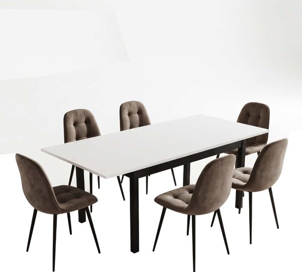 Set Masă Extensibilă Mara Albă 130–170 × 75 cm cu 6 Scaune Gya Maro, Tapițate, Picioare Metalice Negre