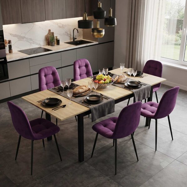 Set Masă Extensibilă Mara Stejar 130–170 × 75 cm cu 6 Scaune Gya Mov, Tapițate, Picioare Metalice Negre