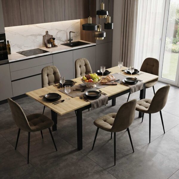 Set Masă Extensibilă Mara Stejar 130–170 × 75 cm cu 6 Scaune Gya Maro, Tapițate, Picioare Metalice Negre