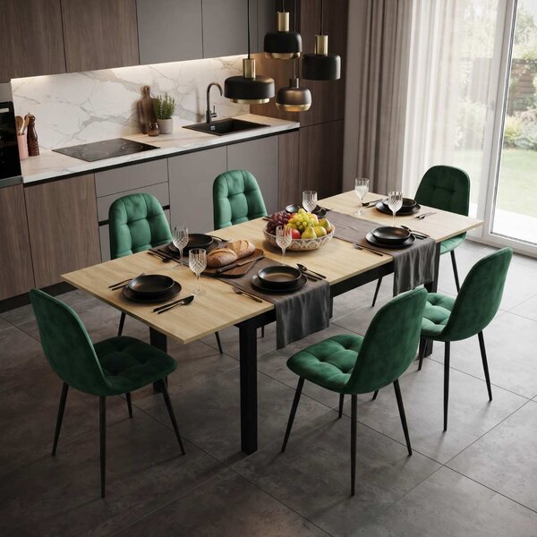 Set Masă Extensibilă Mara Stejar 130–170 × 75 cm cu 6 Scaune Gya Verde, Tapițate, Picioare Metalice Negre