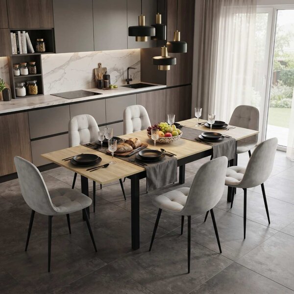Set Masă Extensibilă Mara Stejar 130–170 × 75 cm cu 6 Scaune Gya Gri, Tapițate, Picioare Metalice Negre
