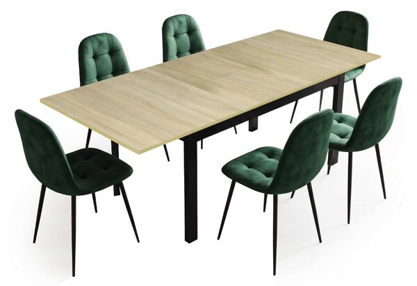 Set Masă Extensibilă Mara Stejar 130–170 × 75 cm cu 6 Scaune Gya Verde, Tapițate, Picioare Metalice Negre