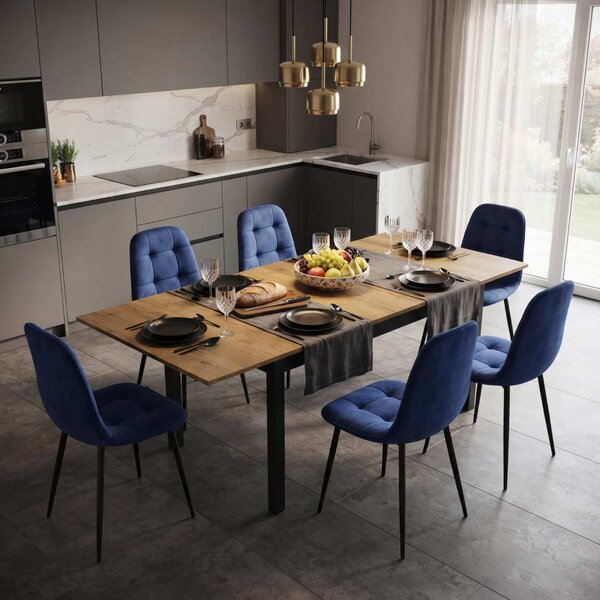 Set Masă Extensibilă Mara Nuc 130–170 × 75 cm cu 6 Scaune Gya Albastre, Tapițate, Picioare Metalice Negre
