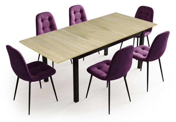 Set Masă Extensibilă Mara Stejar 130–170 × 75 cm cu 6 Scaune Gya Mov, Tapițate, Picioare Metalice Negre