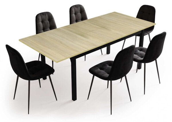 Set Masă Extensibilă Mara Stejar 130–170 × 75 cm cu 6 Scaune Gya Negre, Tapițate, Picioare Metalice Negre