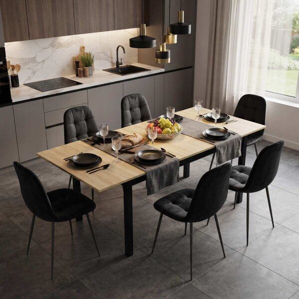 Set Masă Extensibilă Mara Stejar 130–170 × 75 cm cu 6 Scaune Gya Negre, Tapițate, Picioare Metalice Negre