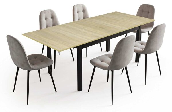 Set Masă Extensibilă Mara Stejar 130–170 × 75 cm cu 6 Scaune Gya Gri, Tapițate, Picioare Metalice Negre