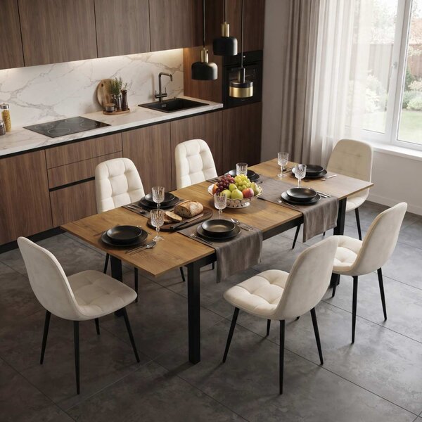 Set Masă Extensibilă Mara Nuc 130–170 × 75 cm cu 6 Scaune Gya Crem, Tapițate, Picioare Metalice Negre