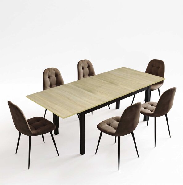 Set Masă Extensibilă Mara Stejar 130–170 × 75 cm cu 6 Scaune Gya Maro, Tapițate, Picioare Metalice Negre