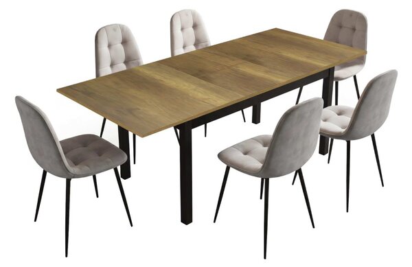 Set Masă Extensibilă Mara Nuc 130–170 × 75 cm cu 6 Scaune Gya Gri, Tapițate, Picioare Metalice Negre