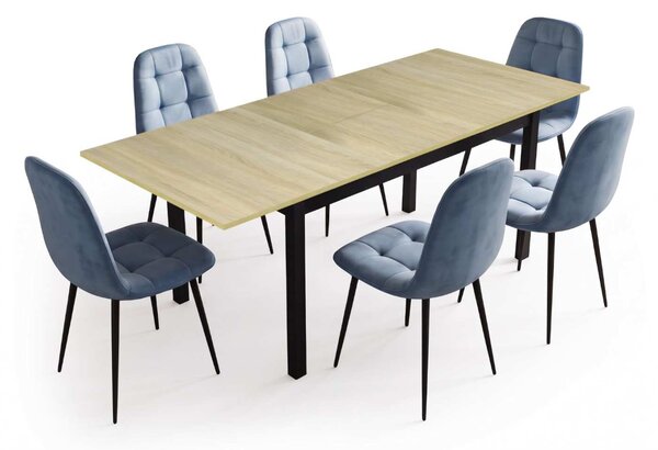 Set Masă Extensibilă Mara Stejar 130–170 × 75 cm cu 6 Scaune Gya Turcoaz, Tapițate, Picioare Metalice Negre