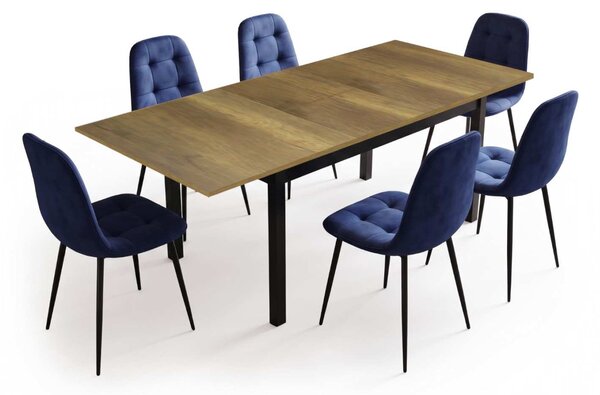 Set Masă Extensibilă Mara Nuc 130–170 × 75 cm cu 6 Scaune Gya Albastre, Tapițate, Picioare Metalice Negre
