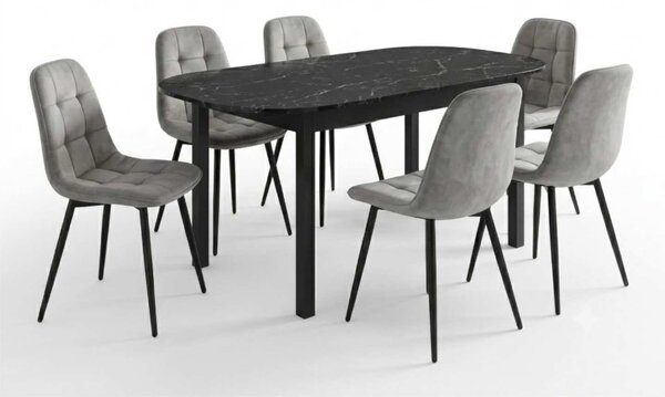 Set Masă Extensibilă Mara Negru Marmorat 130–170 × 75 cm cu 6 Scaune Gya Gri, Tapițate, Picioare Metalice Negre