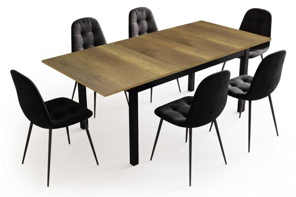 Set Masă Extensibilă Mara Nuc 130–170 × 75 cm cu 6 Scaune Gya Negre, Tapițate, Picioare Metalice Negre