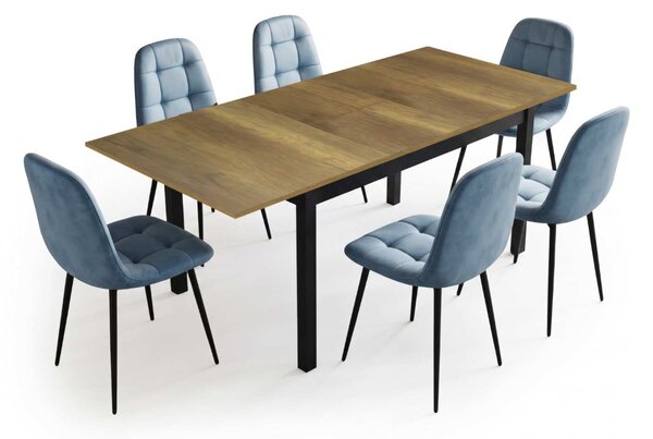 Set Masă Extensibilă Mara Nuc 130–170 × 75 cm cu 6 Scaune Gya Turcoaz, Tapițate, Picioare Metalice Negre