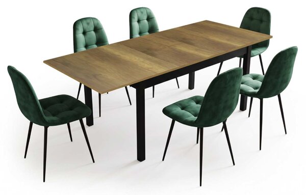 Set Masă Extensibilă Mara Nuc 130–170 × 75 cm cu 6 Scaune Gya Verde, Tapițate, Picioare Metalice Negre