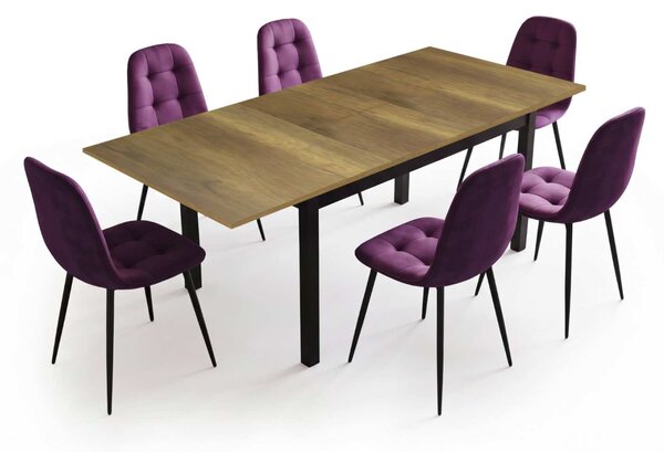 Set Masă Extensibilă Mara Nuc 130–170 × 75 cm cu 6 Scaune Gya Mov, Tapițate, Picioare Metalice Negre