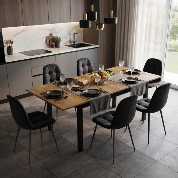 Set Masă Extensibilă Mara Nuc 130–170 × 75 cm cu 6 Scaune Gya Negre, Tapițate, Picioare Metalice Negre