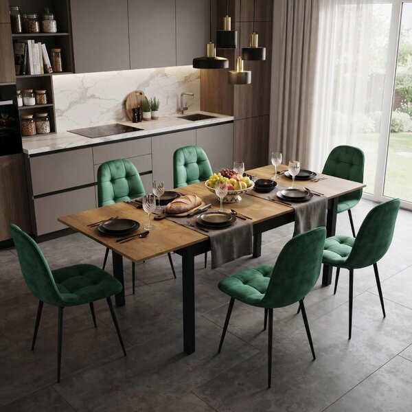 Set Masă Extensibilă Mara Nuc 130–170 × 75 cm cu 6 Scaune Gya Verde, Tapițate, Picioare Metalice Negre