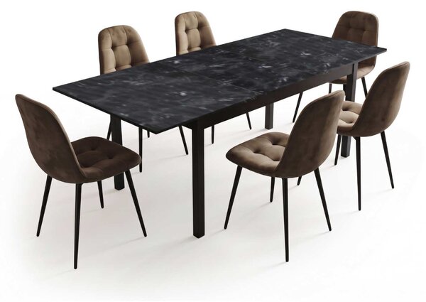 Set Masă Extensibilă Mara Negru Marmorat 130–170 × 75 cm cu 6 Scaune Gya Maro, Tapițate, Picioare Metalice Negre
