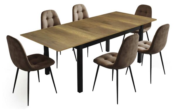 Set Masă Extensibilă Mara Nuc 130–170 × 75 cm cu 6 Scaune Gya Maro, Tapițate, Picioare Metalice Negre