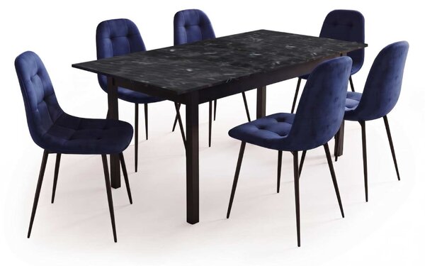 Set Masă Extensibilă Mara Negru Marmorat 130–170 × 75 cm cu 6 Scaune Gya Albastre, Tapițate, Picioare Metalice Negre