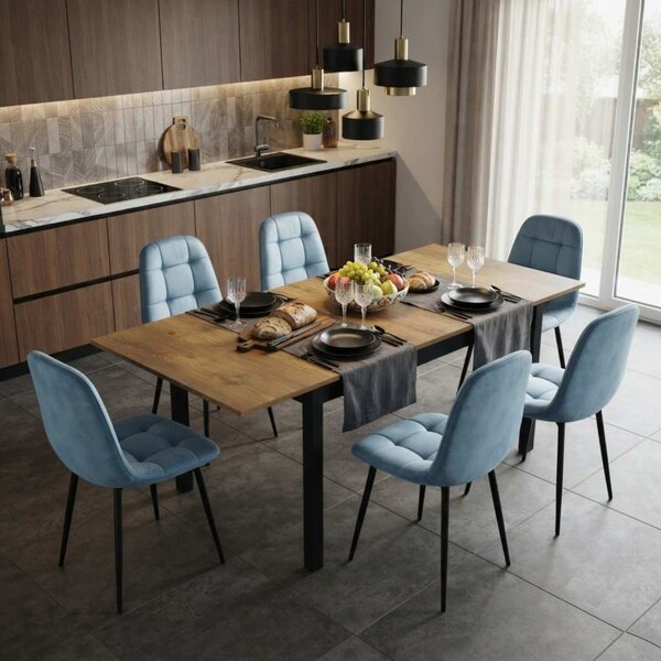 Set Masă Extensibilă Mara Nuc 130–170 × 75 cm cu 6 Scaune Gya Turcoaz, Tapițate, Picioare Metalice Negre