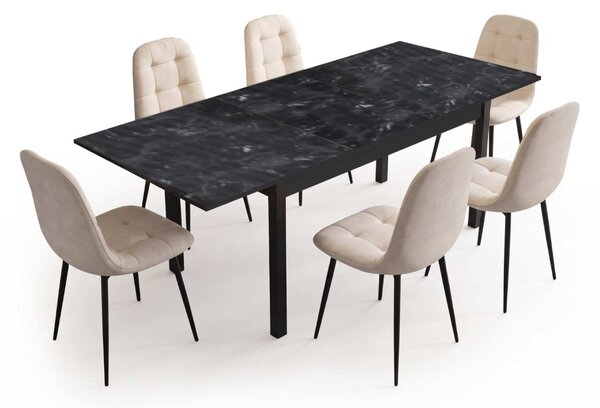 Set Masă Extensibilă Mara Negru Marmorat 130–170 × 75 cm cu 6 Scaune Gya Crem, Tapițate, Picioare Metalice Negre