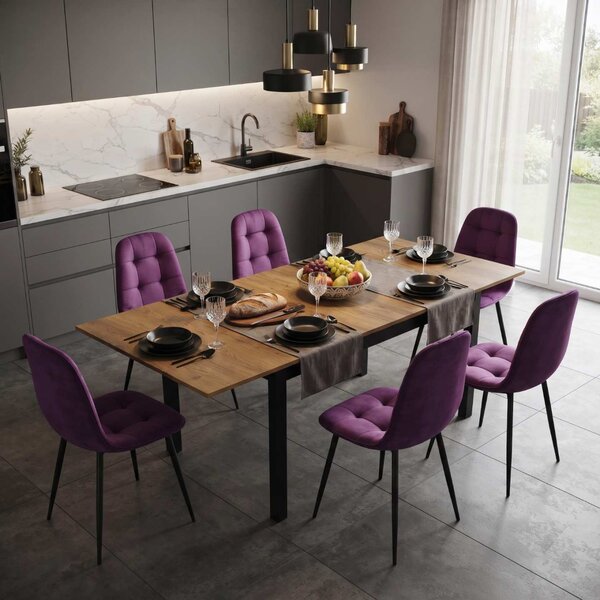 Set Masă Extensibilă Mara Nuc 130–170 × 75 cm cu 6 Scaune Gya Mov, Tapițate, Picioare Metalice Negre