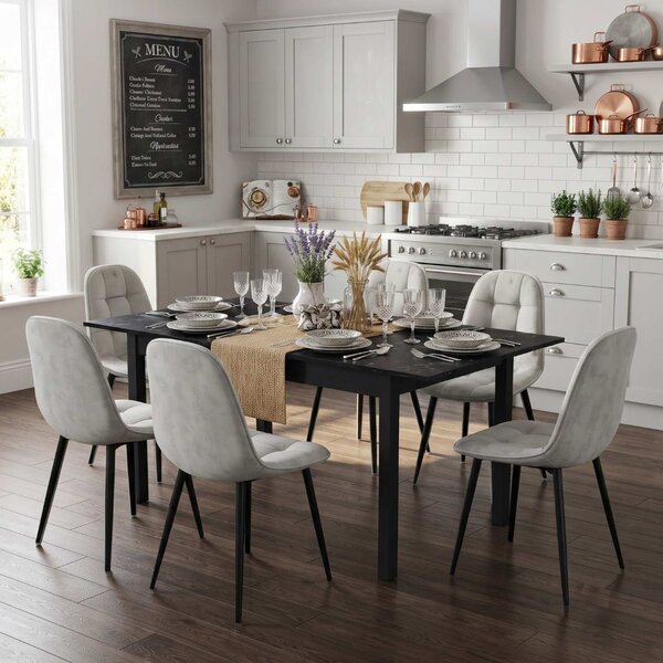 Set Masă Extensibilă Mara Negru Marmorat 130–170 × 75 cm cu 6 Scaune Gya Gri, Tapițate, Picioare Metalice Negre