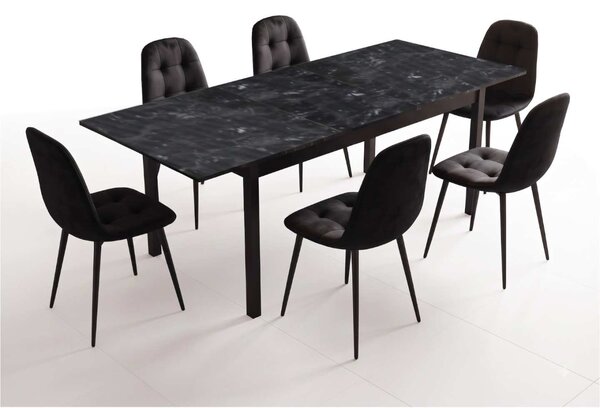 Set Masă Extensibilă Mara Negru Marmorat 130–170 × 75 cm cu 6 Scaune Gya Negre, Tapițate, Picioare Metalice Negre