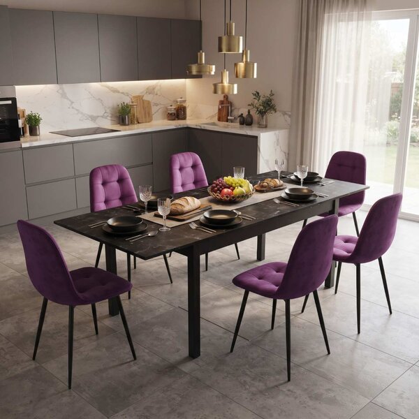 Set Masă Extensibilă Mara Negru Marmorat 130–170 × 75 cm cu 6 Scaune Gya Mov, Tapițate, Picioare Metalice Negre