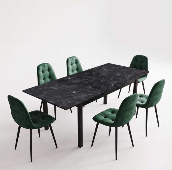 Set Masă Extensibilă Mara Negru Marmorat 130–170 × 75 cm cu 6 Scaune Gya Verde, Tapițate, Picioare Metalice Negre