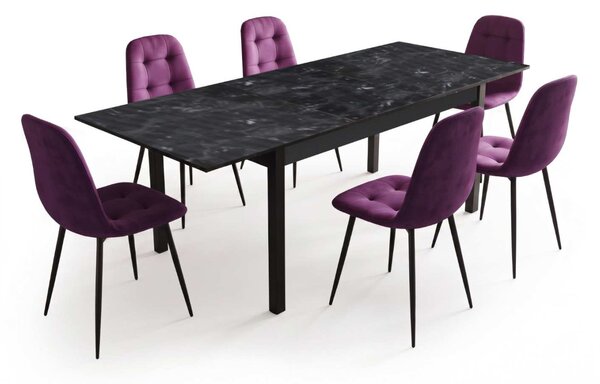Set Masă Extensibilă Mara Negru Marmorat 130–170 × 75 cm cu 6 Scaune Gya Mov, Tapițate, Picioare Metalice Negre