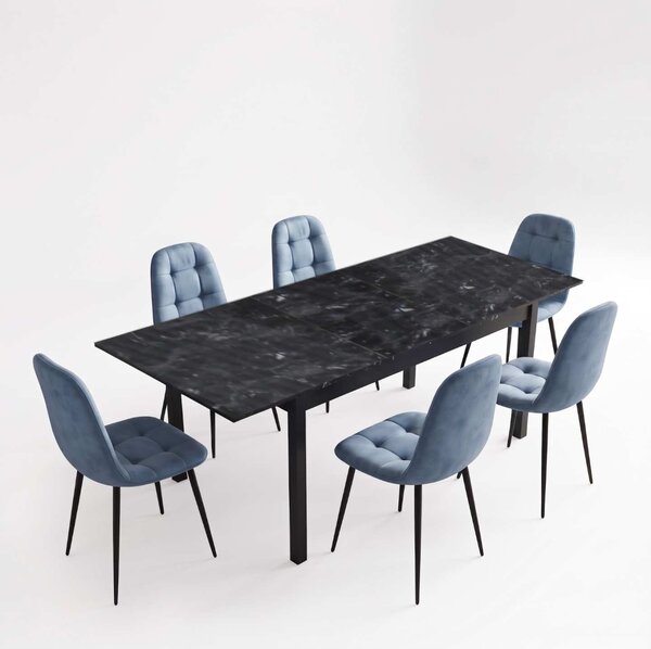 Set Masă Extensibilă Mara Negru Marmorat 130–170 × 75 cm cu 6 Scaune Gya Turcoaz, Tapițate, Picioare Metalice Negre