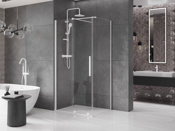Mexen Velar, cabină de duș cu ușă glisantă 90(uşă) x 75(perete) cm, sticlă transparentă 8mm, alb, 871-090-075-01-20