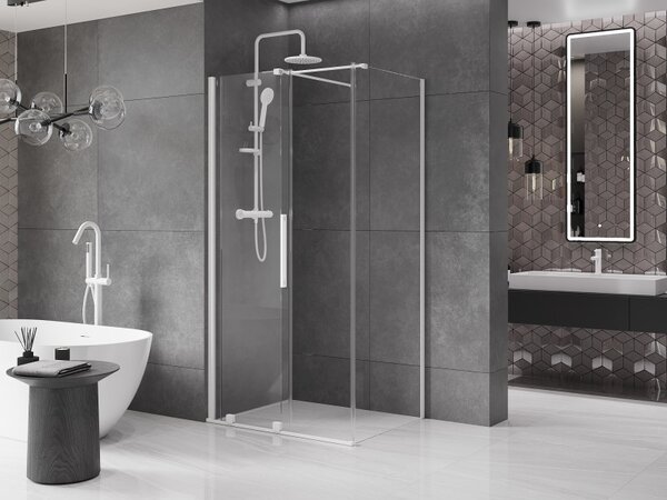 Mexen Velar, cabină de duș cu ușă glisantă 90(uşă) x 75(perete) cm, sticlă transparentă 8mm, alb, 871-090-075-01-20
