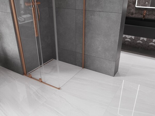 Mexen Velar, cabină de duș cu ușă glisantă 90(uşă) x 90(perete) cm, sticlă transparentă 8mm, cupru mat, 871-090-090-01-65