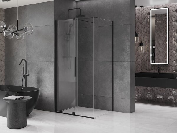 Mexen Velar, cabină de duș cu uşă glisantă 90(uşă) x 70(perete) cm, sticlă transparentă 8mm, neagră mat, 871-090-070-01-70