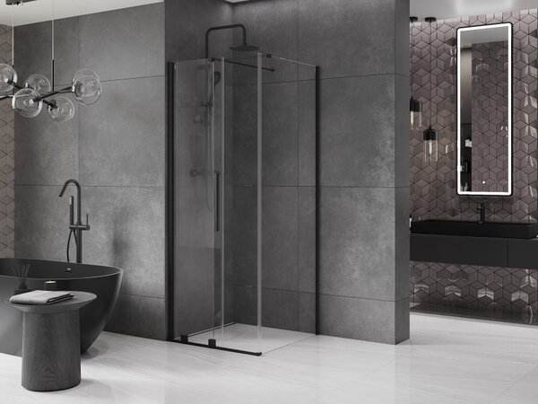 Mexen Velar, cabină de duș cu ușă glisantă 90(uşă) x 90(perete) cm, sticlă transparentă 8mm, negru mat, 871-090-090-01-70