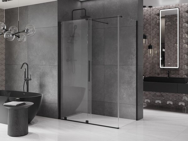 Mexen Velar, cabină de duș cu ușă glisantă 150 (uşă) x 80 (perete) cm, sticlă transparentă de 8 mm, negru mat, 871-150-080-01-70