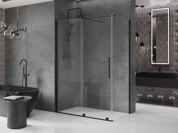 Mexen Velar, cabină de duș cu ușă glisantă 150 (uşă) x 80 (perete) cm, sticlă transparentă de 8 mm, negru mat, 871-150-080-01-70