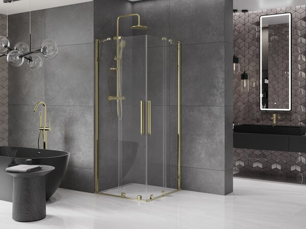 Mexen Velar Duo, cabină de duș cu uşă glisantă 80(uşă) x 80(uşă) cm, sticlă transparentă 8mm, profil auriu lucios, 871-080-080-02-50