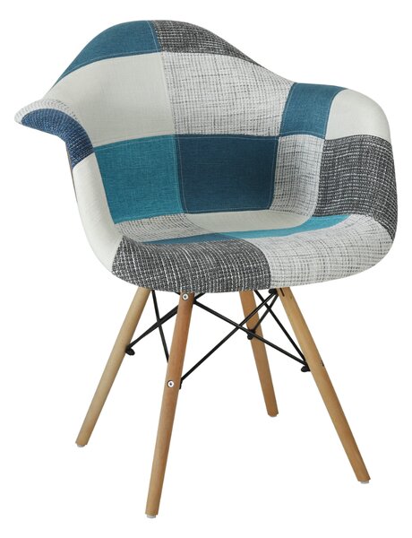 Scaun dining de tip fotoliu Lotus, textil patchwork albastru/gri, picioare lemn+metal