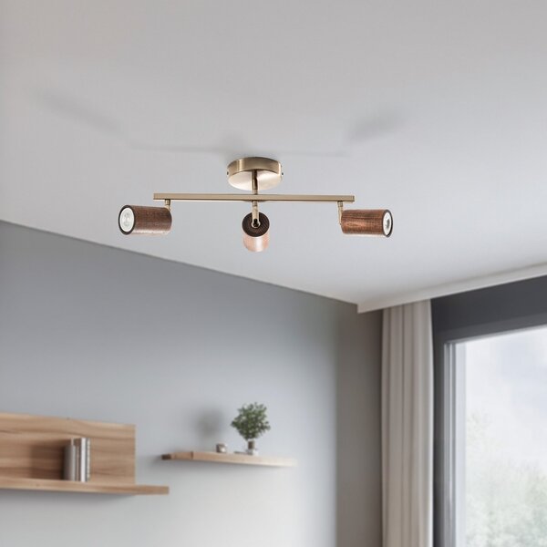 Lucea Spot de plafon Legno, liniar, 3 becuri, maro / alamă, lemn, reglabil, Lemn, Camera de zi / sufragerie, Lemn