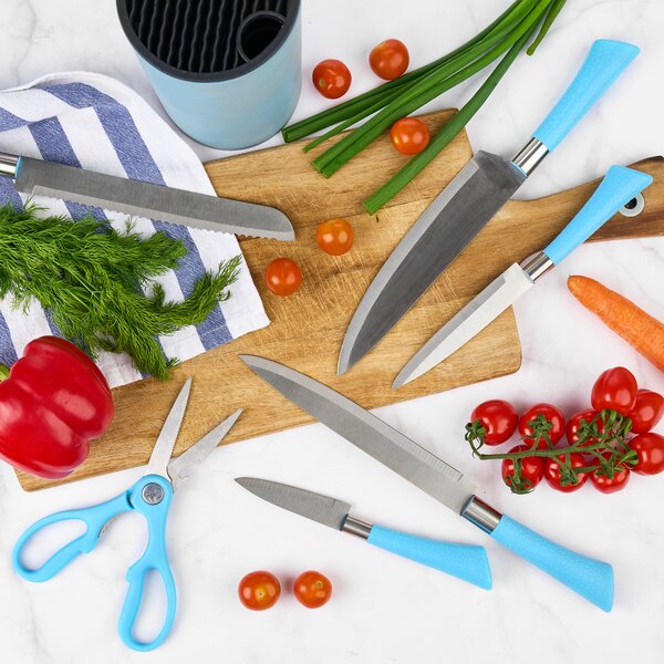 Set premium de cuțite onuvio, 5 piese cu suport rotund de blat - include cuțit de chef, cuțit de panificație, cuțit de feliere, cuțit universal, cuțit pentru legume și fructe, aliaj 3cr13 ant