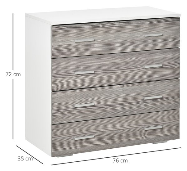 HOMCOM Comodă Modernă cu 4 Sertare, Manere din Aluminiu, Structură din Lemn, 76x35x72 cm, Alb și Gri | Aosom Romania
