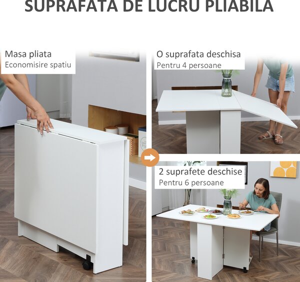 HOMCOM Masă Pliabilă pentru 4-6 Persoane cu 2 Roți și 2 rafturi depozitare, 140x75x74cm, Alb | Aosom Romania