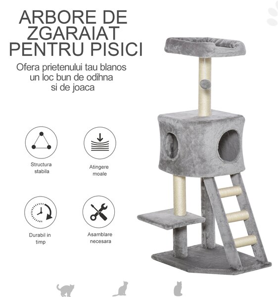 Stalp de Zgariat pentru Pisici pe mai multe niveluri, Cusca si Franghii Sisal Gri Deschis PawHut | Aosom Romania